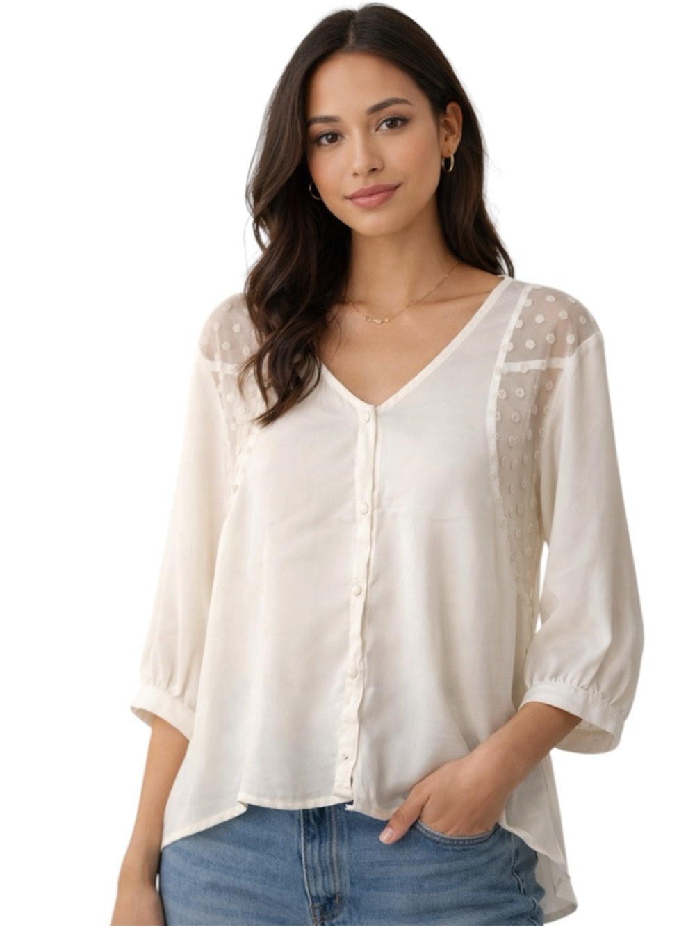 Gianni Bini Embroidered Floral Lace Panel Top Button-Up Ivory Size L Cottagecore